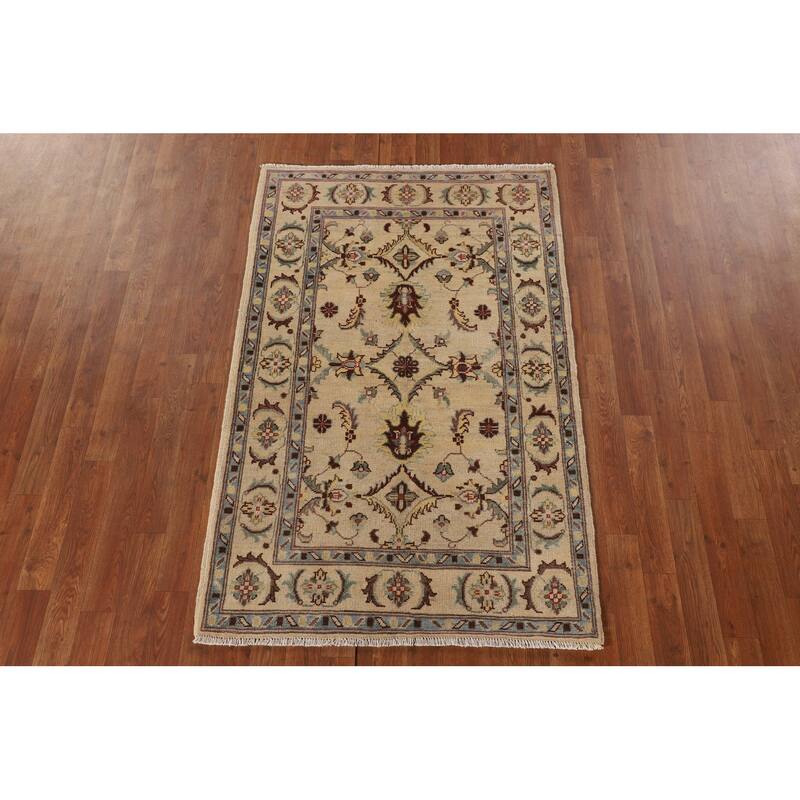 Floral Beige Kazak Oriental Accent Rug Hand-Knotted Wool Carpet - 3'3"x 5'1"