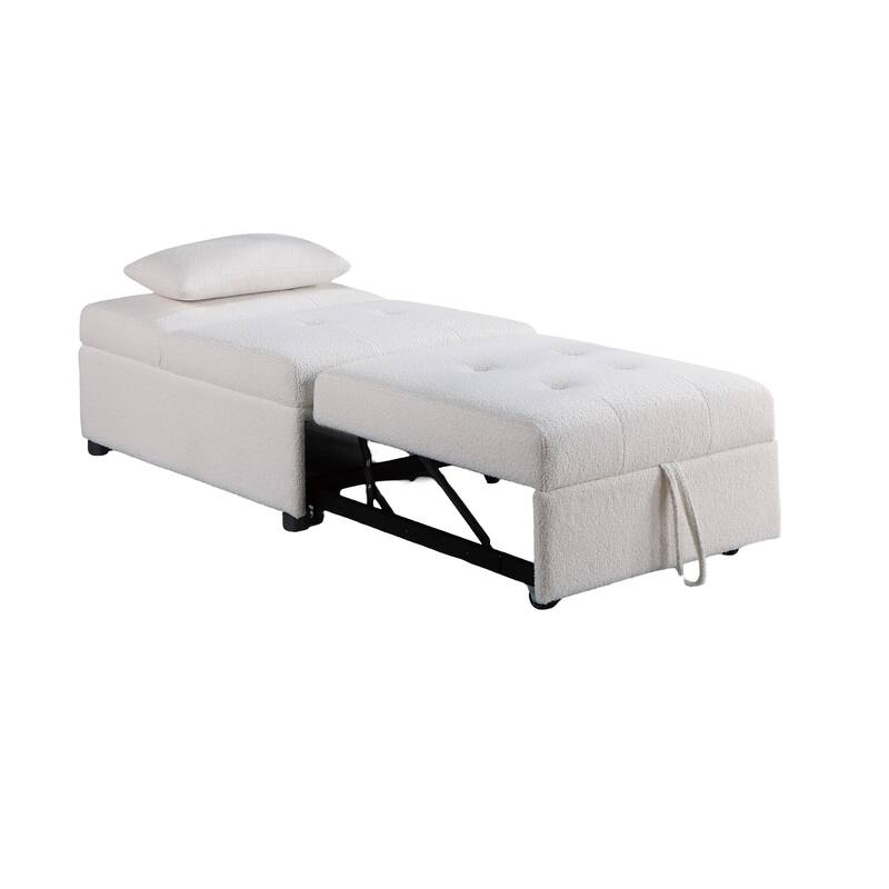 Contemporary White Convertible Sleeper Sofa Chair with Sherpa Fabric and Pillow