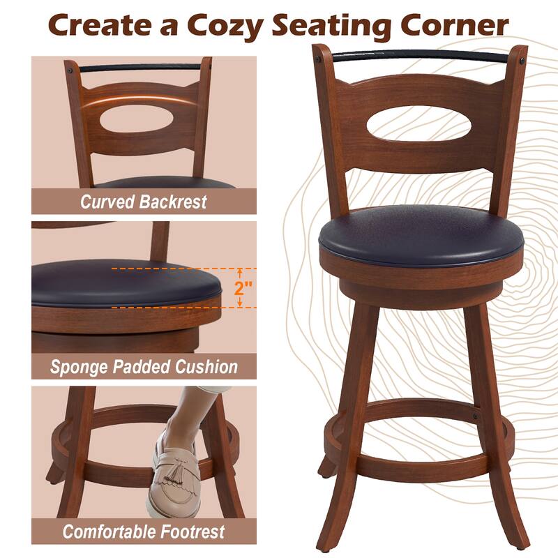 Costway Set of 2 Bar Stools Swivel Dining Chairs Solid Rubber Wood
