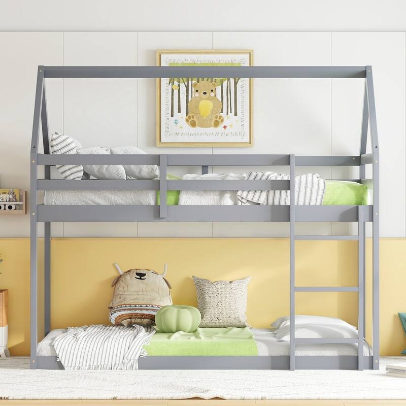 Twin over Twin Size Rubber Wood Floor Bunk Bed with ladder and Guardrails - Grey