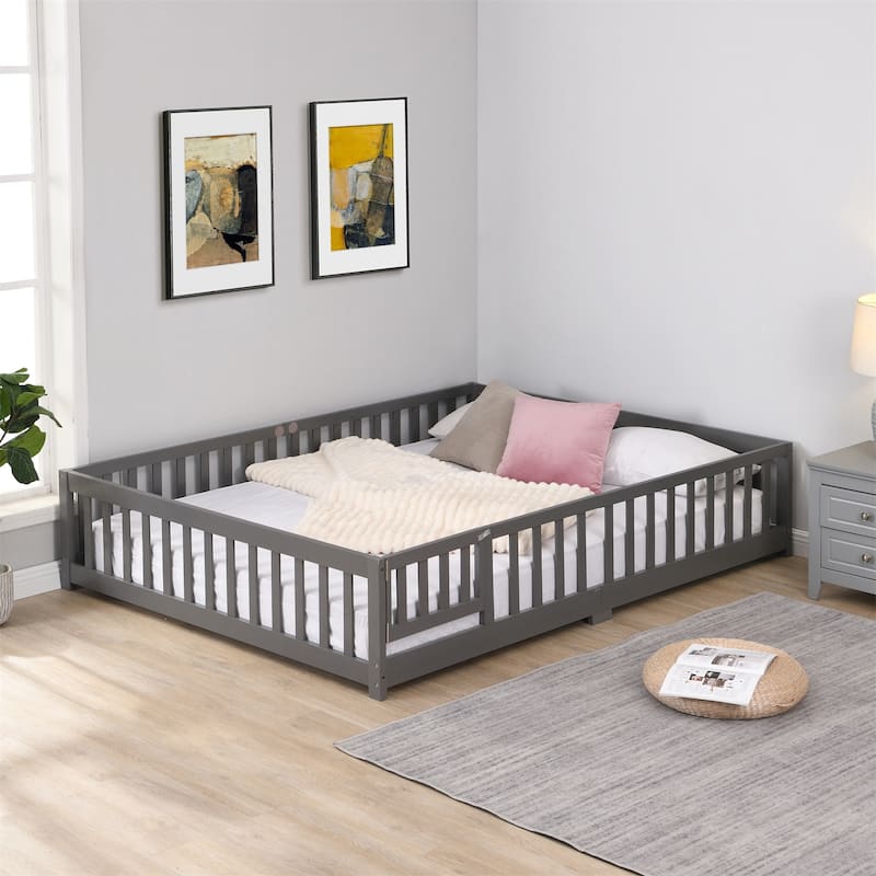 Full Size Wood Platform Bed Frame with Door, Fence