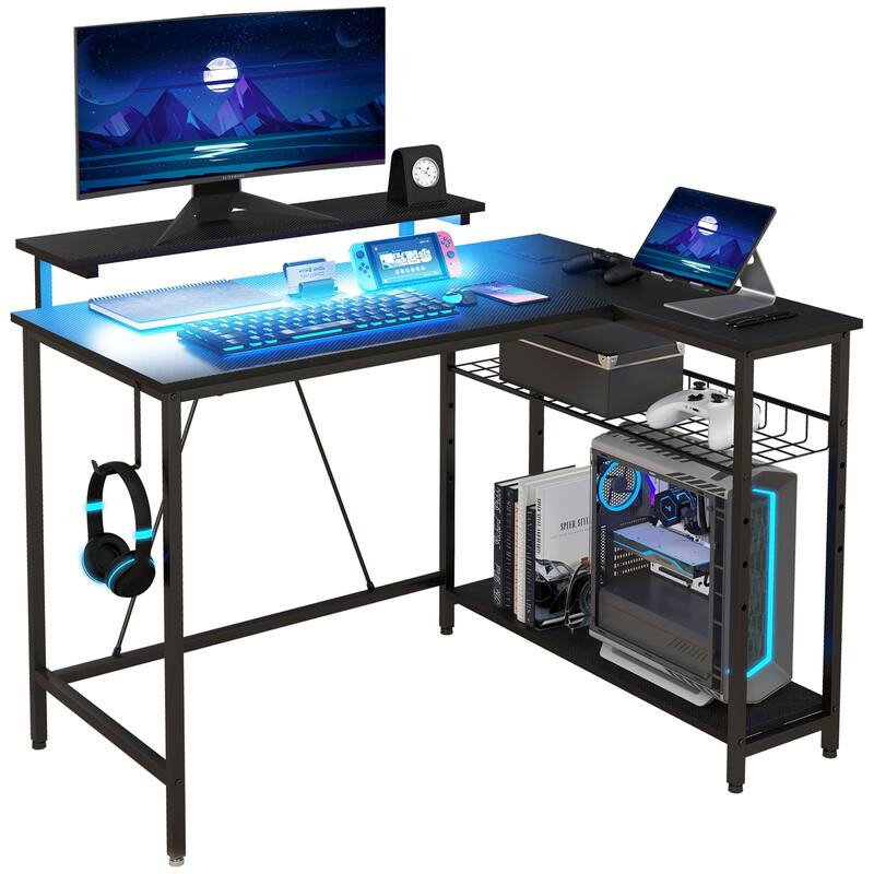 Modern L Shaped Computer Desk with LED Lighting and USB Charging Ports and Reversible Shelves for Home Office and Bedroom