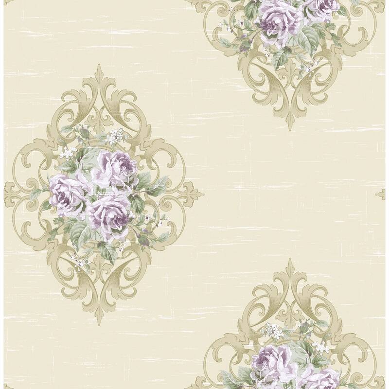 Seabrook Designs Creswell Floral Cameo Unpasted Wallpaper - 20.5 in. W x 33 ft. L - Metallic Beige & Lavender