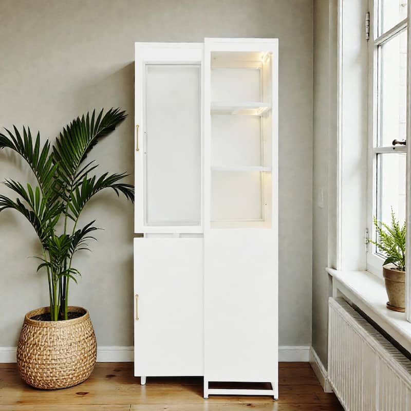 76.75 Inch Glass Display Cabinet with LED Lights, 3 Sided Tempered Glass Steel Curio Cabinet with Double Doors