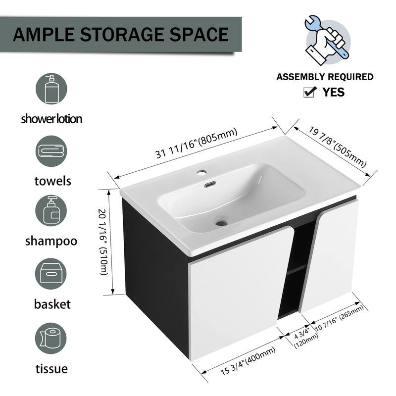 32' Floating Wall-Mounted Bathroom Vanity With Single Sink