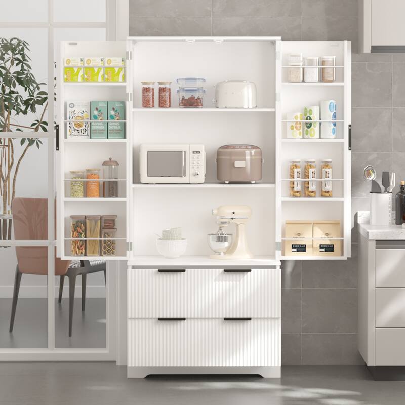 Pantry Storage with 2 Large Drawers, Tall Pantry Storage Cabinet with 8 Door Spice Rack, Freestanding Cupboard Cabinet