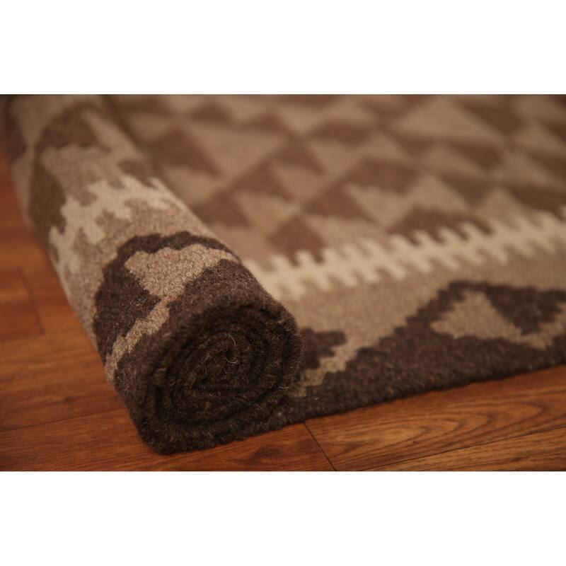 Brown Geometric Kilim Oriental Rug Flat-weave Wool Carpet - 3'4" x 4'10"