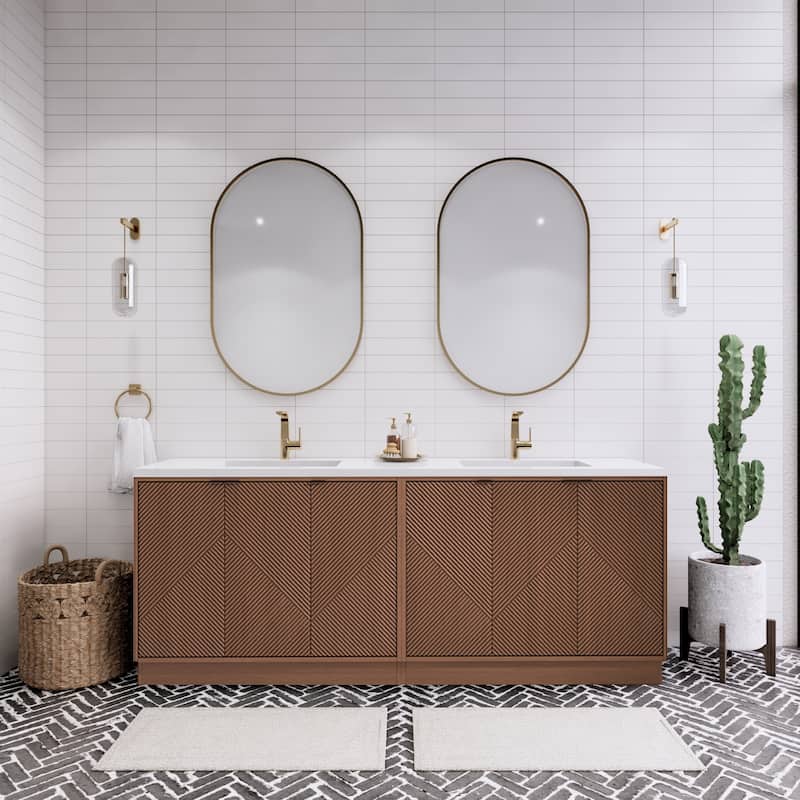 Milano 84" Freestanding Bathroom Vanity with Double White Sink - 83.46" x 19.49" x 35.46'' - Brown