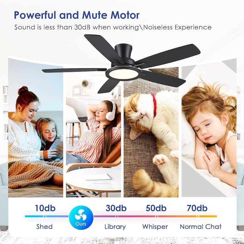 52 Inches RGB Flush Mount Ceiling Fan with Light,Reversible DC Motor for Bedroom Living Room Patio