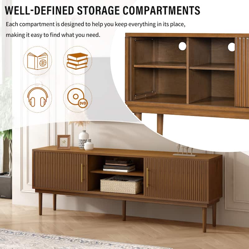 74.90" Wood TV Stand, Sliding Doors Media Cabinet with Gold Metal Handle, Media Console Table with Solid Wood Legs