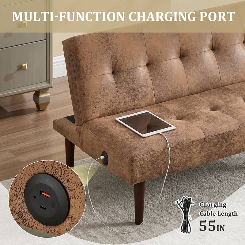 Foldable Sofa Bed with Adjustable Backrest, Charging Port, Coffee Microfiber