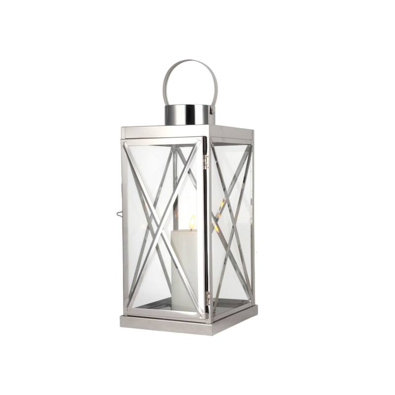 Set of Three Clear And Silver Glass And Stainless Steel Tabletop Lantern Candle Holders