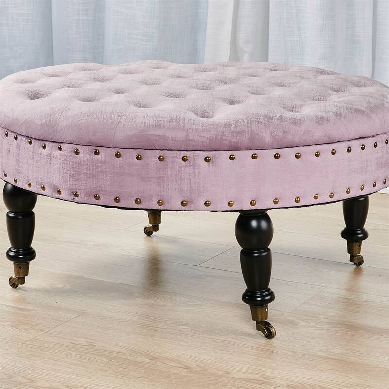 Round Velvet Tufted Coffee Table Ottoman, 34" x 34" x 17" H
