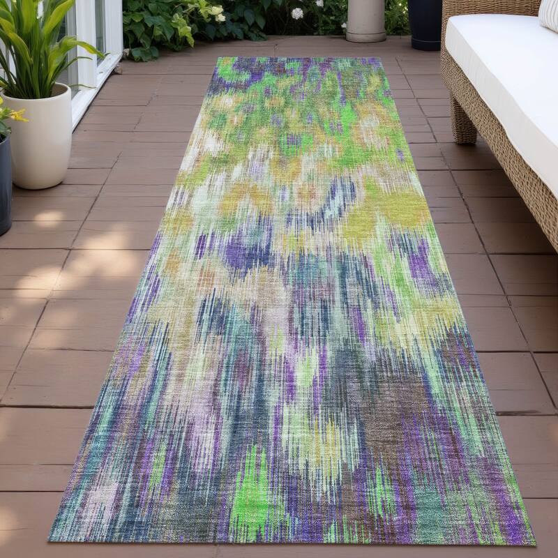 Machine Washable Indoor/Outdoor Modern Watercolor Chantille Rug - Green - 2'3" x 7'6"