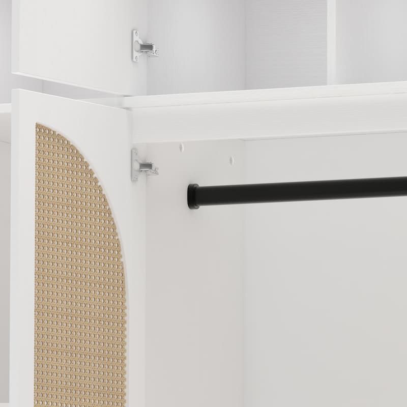 Rattan Decorative Doors Wardrobe Closet with Hanging Rod & Shelves, Large Capacity Armoire Clothing Storage Cabinet