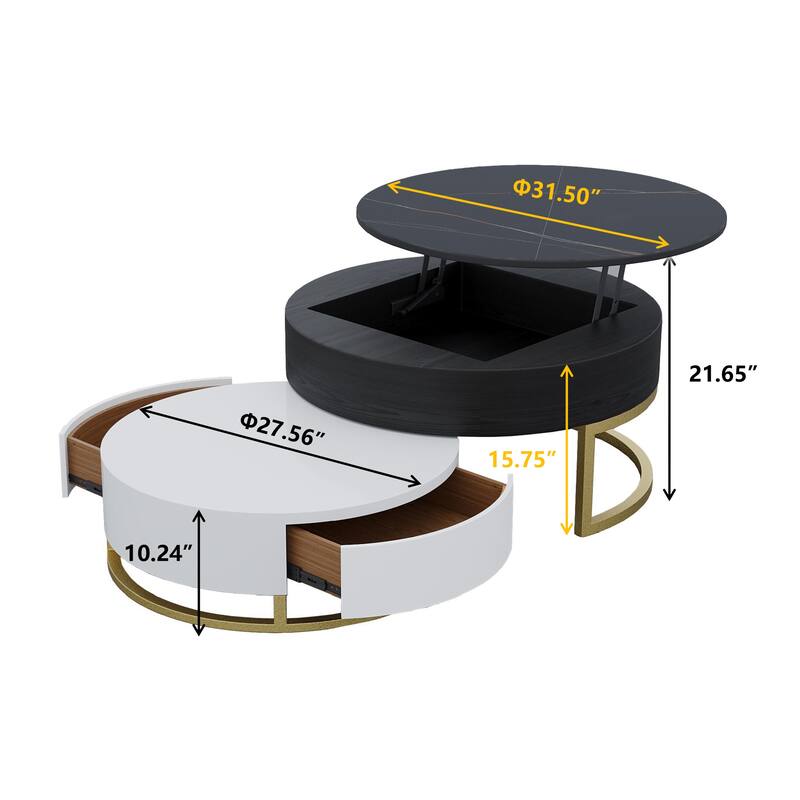 Round Coffee Table Storage Lift-Top Wood Coffee Table Lifts up with Rotatable Drawers White Black