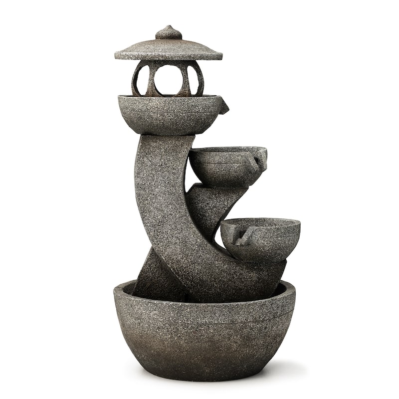 Glitzhome 32"H 4-Tiered Zen Pagoda Polyresin LED Lighted Outdoor Floor Water Fountain