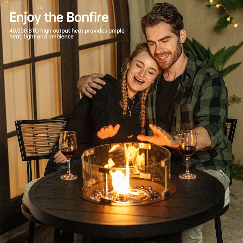 31.5" Wicker Propane Bar Height Fire Pit Table, 40,000 BTU Outdoor Round Gas Fire Table with Fire Glass Stone