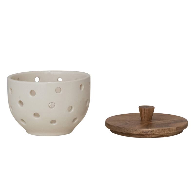 Stoneware Garlic & Onion Keeper with Mango Wood Lid - 5.0"L x 5.0"W x 4.5"H