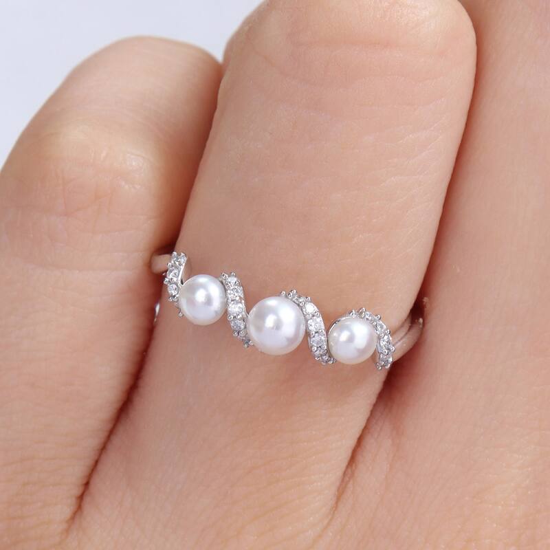 Miadora Cultured Freshwater Pearl and 1/10ct TDW Diamond Swirl Ring in 14k White Gold