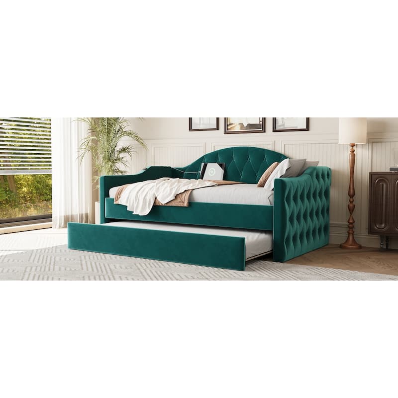 Twin Size Tufted Upholstered Daybed with Trundle