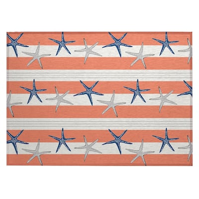 Indoor/ Outdoor Surfside Starfish Stripes Washable Rug New