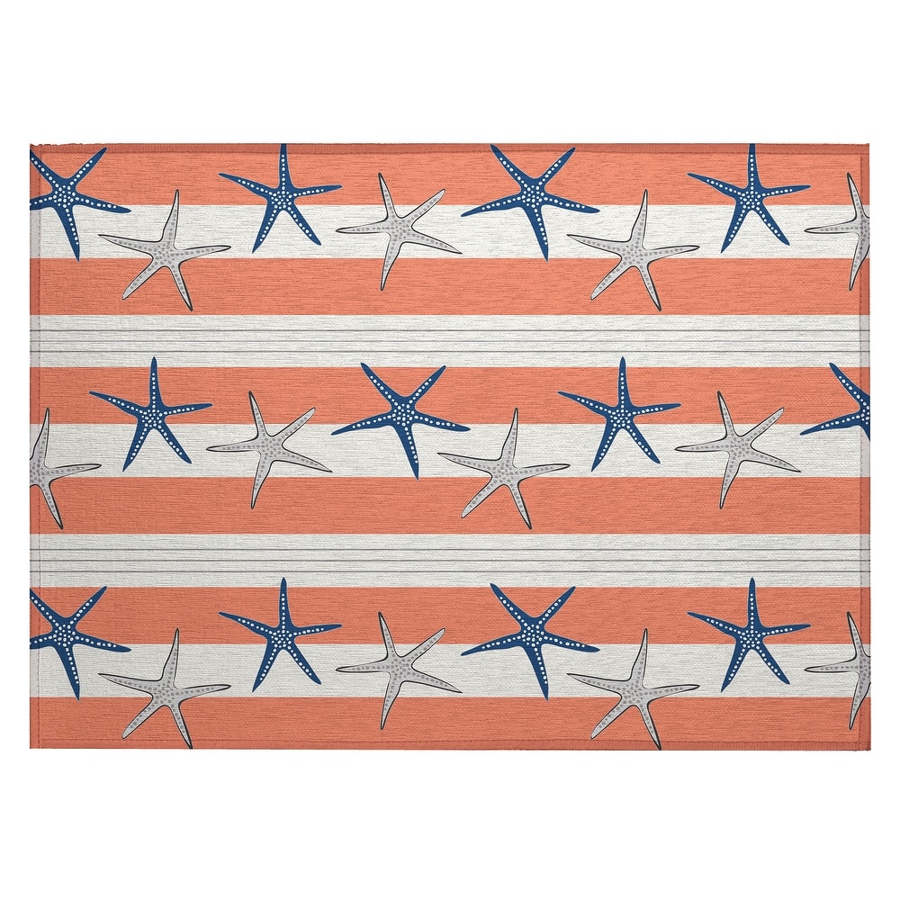 Indoor/ Outdoor Surfside Starfish Stripes Washable Rug New
