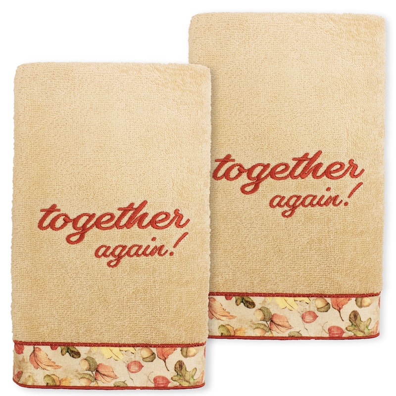 Authentic Hotel and Spa Thanksgiving Together Again - Embroidered Luxury 100% Turkish Cotton Hand Towels (Set of 2) - Sand