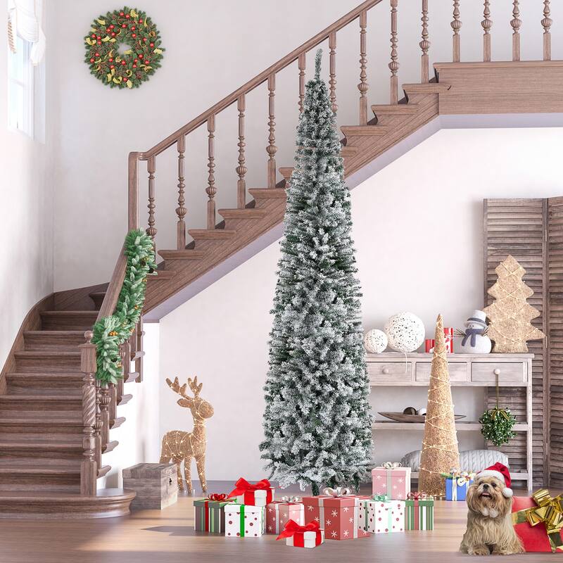 9FT Tall Unlit Snow-Flocked Slim Artificial Christmas Tree with 1014 Tips