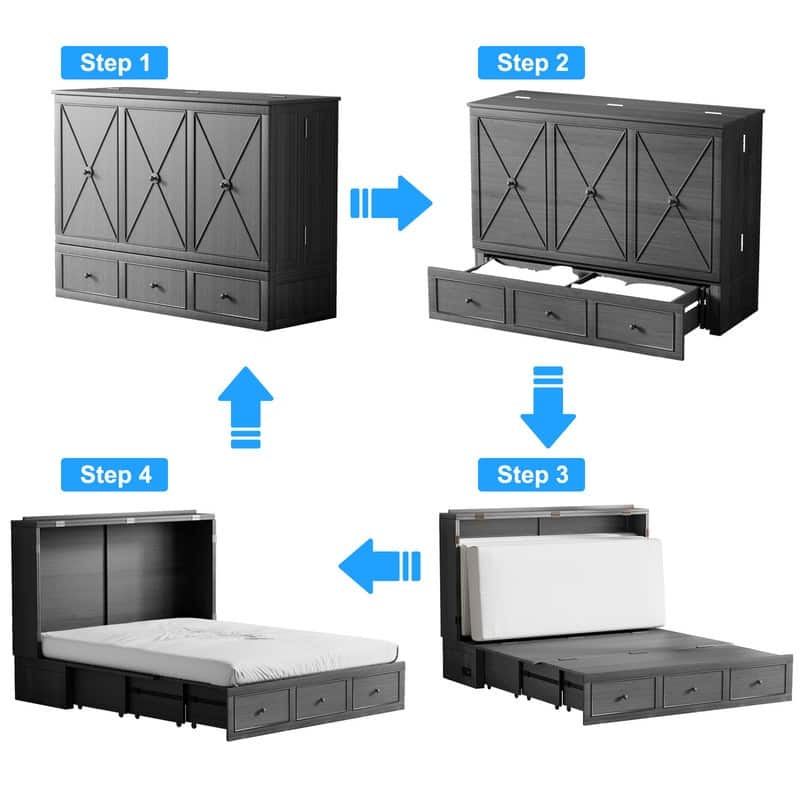 Mixoy Murphy Bed with Foldable Mattress,Modern Cube Cabinet Bed with Storage Drawer & USB Charging Station
