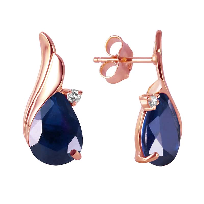 14K Solid Gold Studs Earrings Natural Diamond & Sapphire Certified - Rose