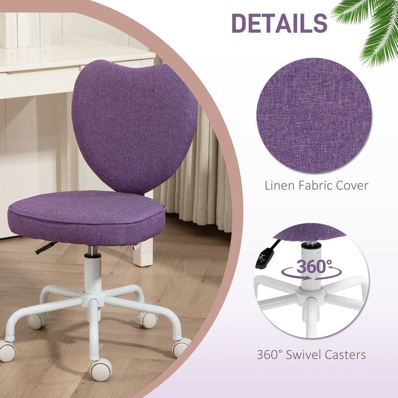 HOMCOM Armless Home Office Desk Chair, Modern Fabric Makeup Vanity Chair with Heart Shape, Swivel Wheels, Height Adjustable