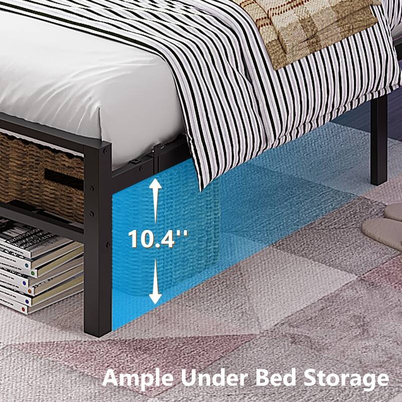 Twin Metal Platform Bed Frame with Storage Headboard,LED Lights,Charging Station,Wooden Storage Shelf,Underbed Storage Space