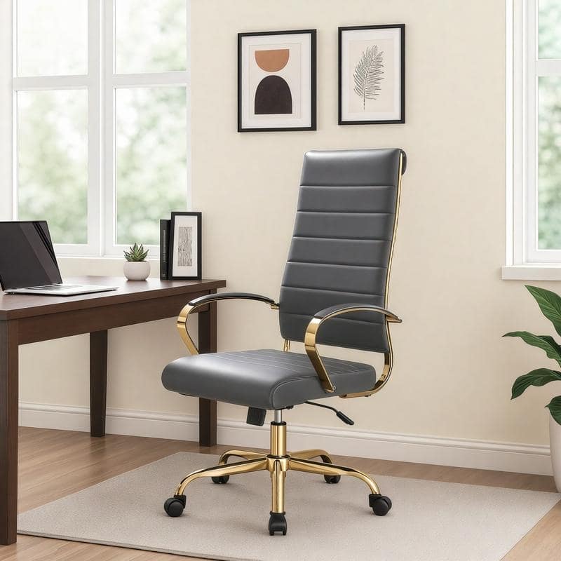 Benmar Ergonomic Ribbed Backrest Leather Executive Office Chair with Gold Frame, Adjustable Height, Tilt, Swivel, Smooth Casters