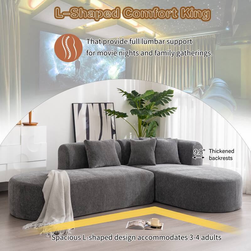 Curved Sectional Sofa with L-Shaped Chaise Lounge, Chenille Upholstered Cloud Sofa, 4 Seater Floor Sofa with 4 Pillows