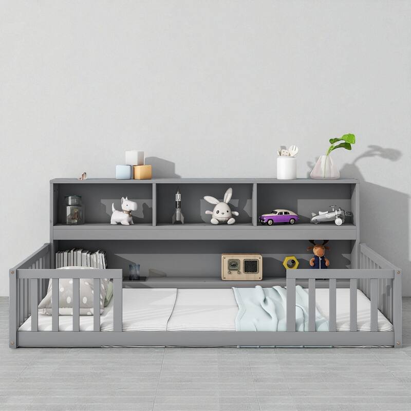 Twin/Full Size Wooden Floor Bed with Bedside Bookcase and Shelves, Low Platform Bed with Guardrails - Grey - Twin