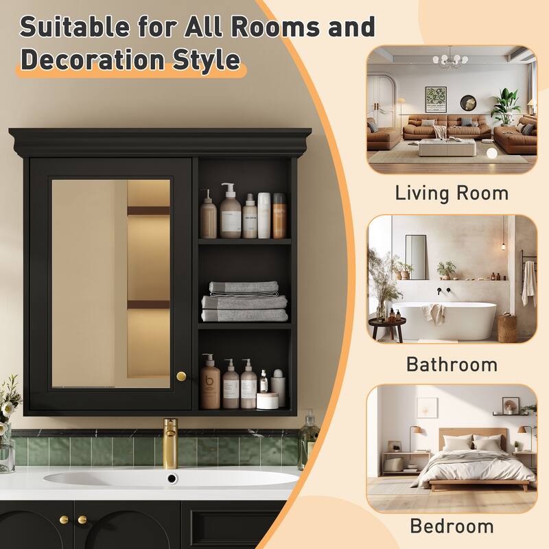 Mirrored Cabinet for Bathroom Wall Cabinet Storage Medicine Cabinet with Open Shelves and Adjustable Internal Shelf Heights