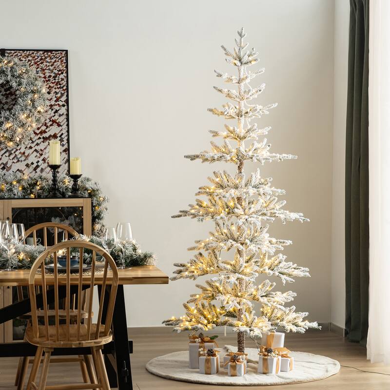 Glitzhome 6ft/7ft/9ft Deluxe Pre-Lit Flocked Slim Fir Artificial Christmas Tree with Warm White Lights - 7 Foot