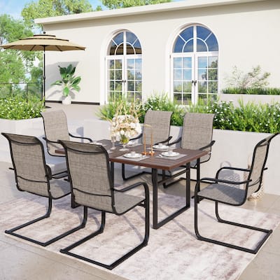 7-piece Patio Dining Set, Teak Color Metal Dining Table with C Spring Rocking Chairs