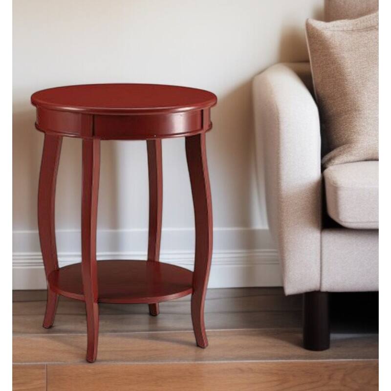 HomeRoots 24" Red Wood Round End Table With Shelf - 18" W x 18" D x 24" H