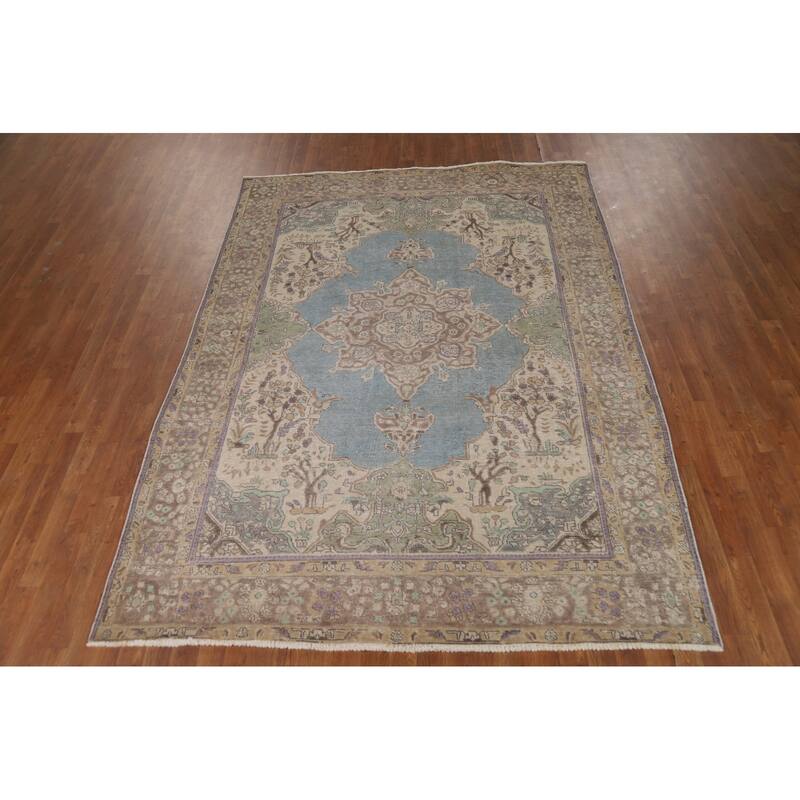Hand Knotted Oriental 100% Wool Carpet Traditional Floral Navy Blue & Blues Tabriz Area Rug - 8' 11'' X 6' 7''