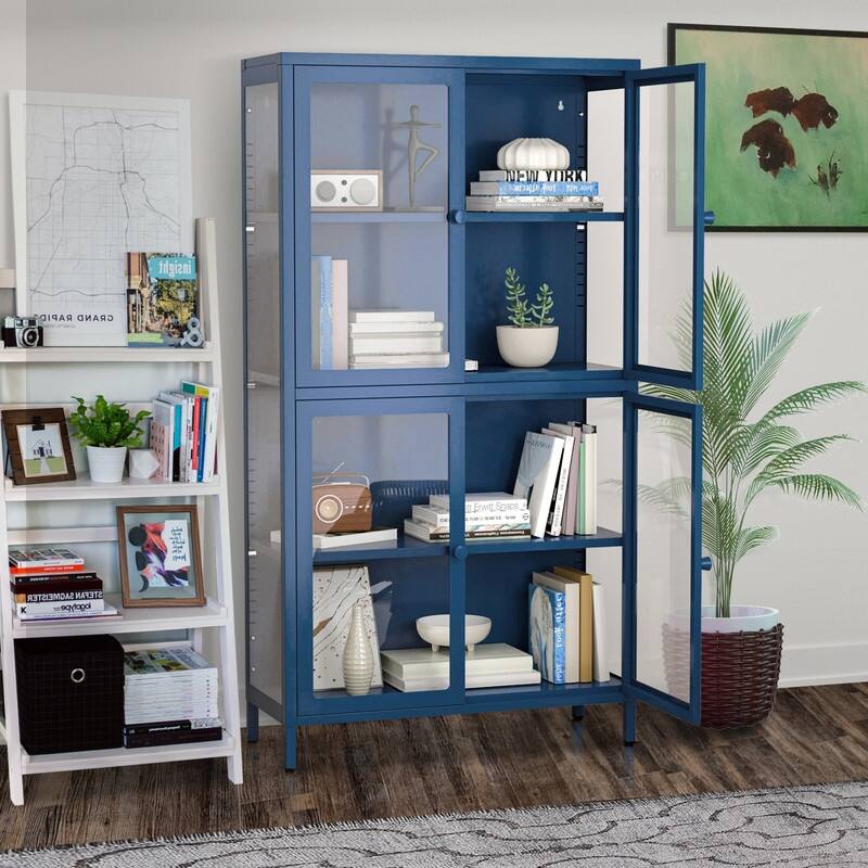 Storage Cabinet with 4 Glass Doors, Modern Sideboard Cabinet with Adjustable Shelves & Steel Feet, Accent Cabinet for Kitchen