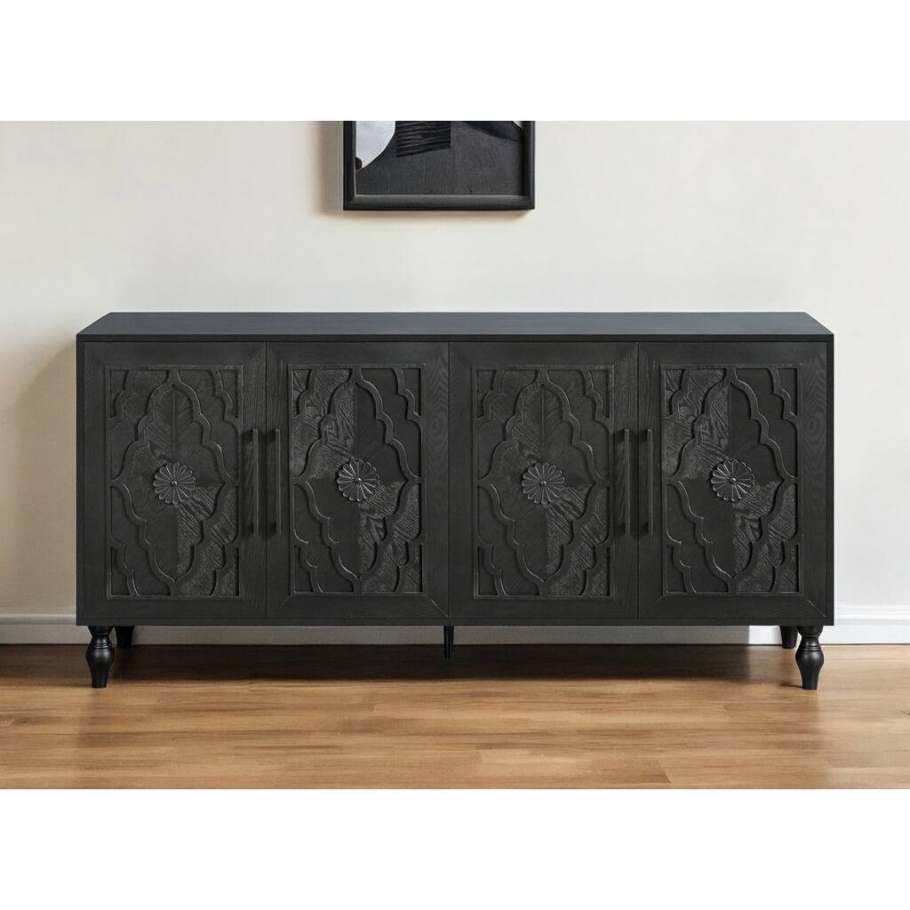 HomeRoots 68" Black Distressed Carved Floral Sideboard with Four Doors - 68.11' X '32' X '15.75