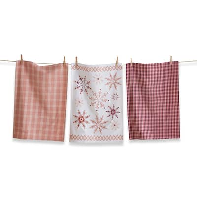 Adobe Sugar Snowflake Kitchen Towels Set of 3 - Christmas Pink Cotton Dish Towels, 26" x 18", Machine Washable