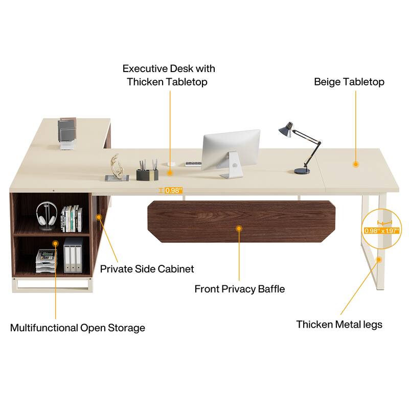 70.8-Inch Executive Desk with 55-Inch File Cabinet, Large L Shaped Computer Desk with Storage Cabinet and Shelves