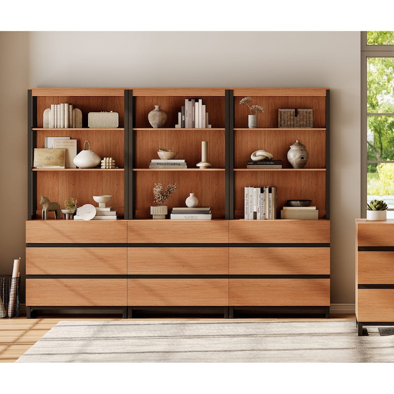 WAMPAT Modern 72" Tall Bookcase with Drawers and Open Book Shelfs, Library Book Shelf for Home Office, Living Room - 3 Piece - Mocha