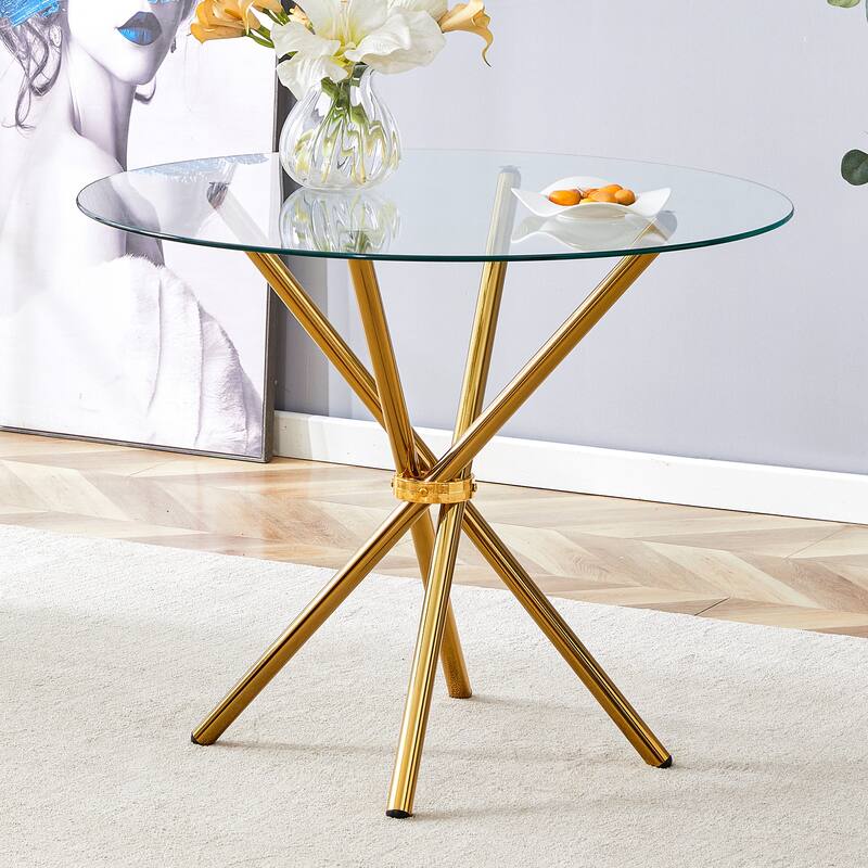 Roomfitters Clear Glass Dining Table for 4-6 with Ring-Shaped Silver Metal Legs for Kitchen or Work Space