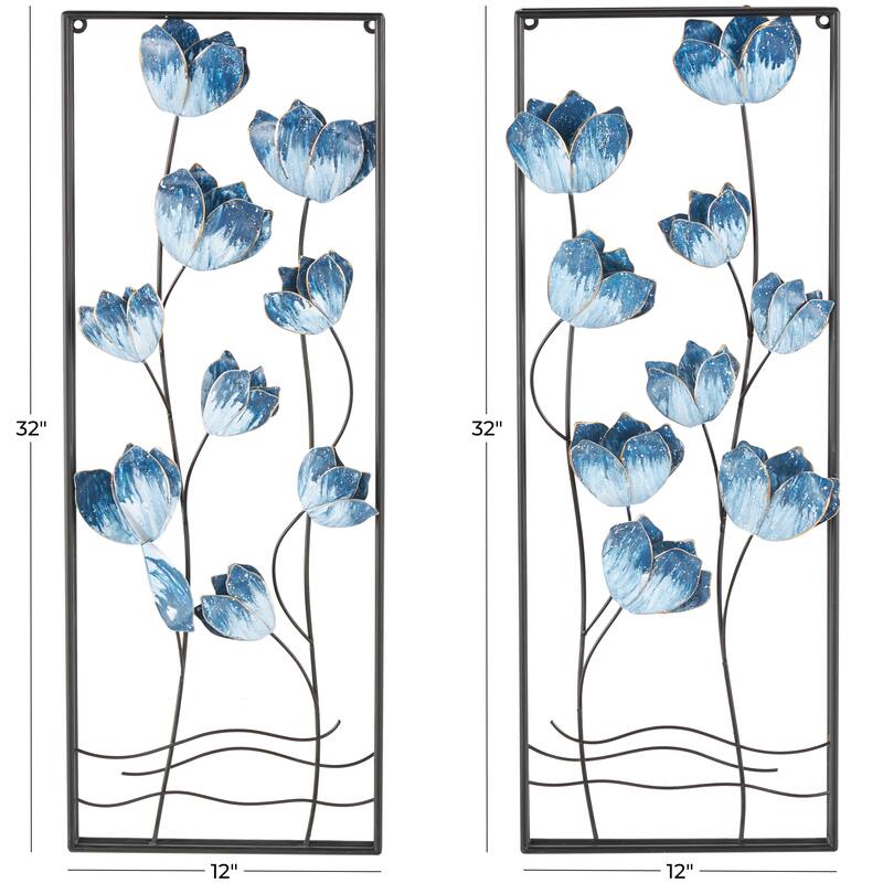 Blue Metal Floral Living Room Wall Decor with Black Metal Stems and Frame (Set of 2)