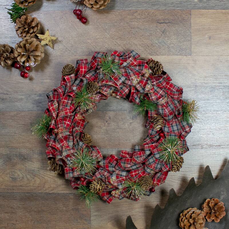 Red Plaid Bows Pine Cones Artificial Christmas Wreath 14.25 Inch Unlit
