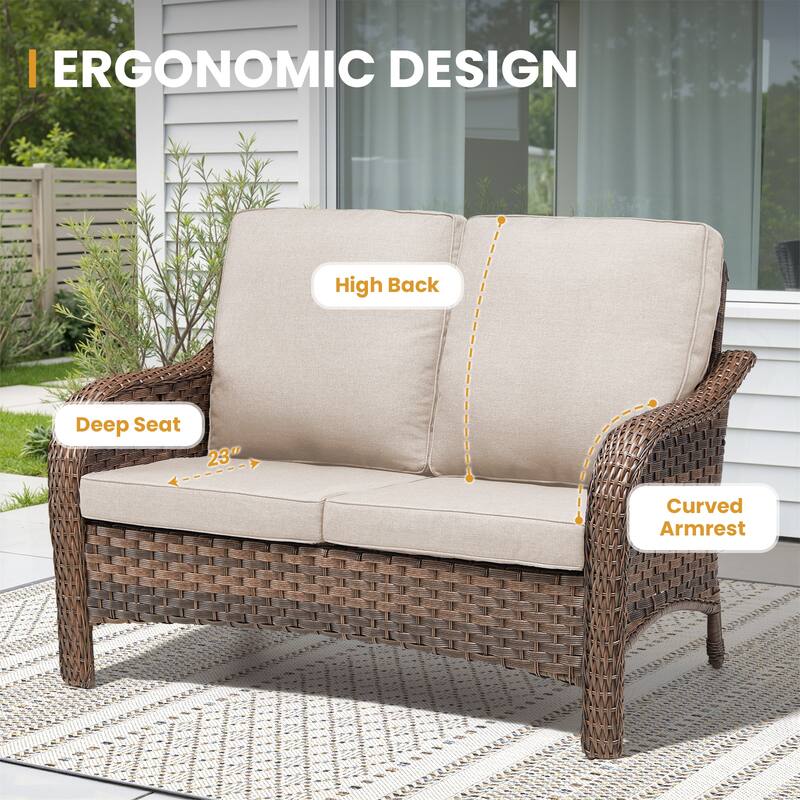 Pocassy Patio Loveseat Swivel Chair with Fire Table Set